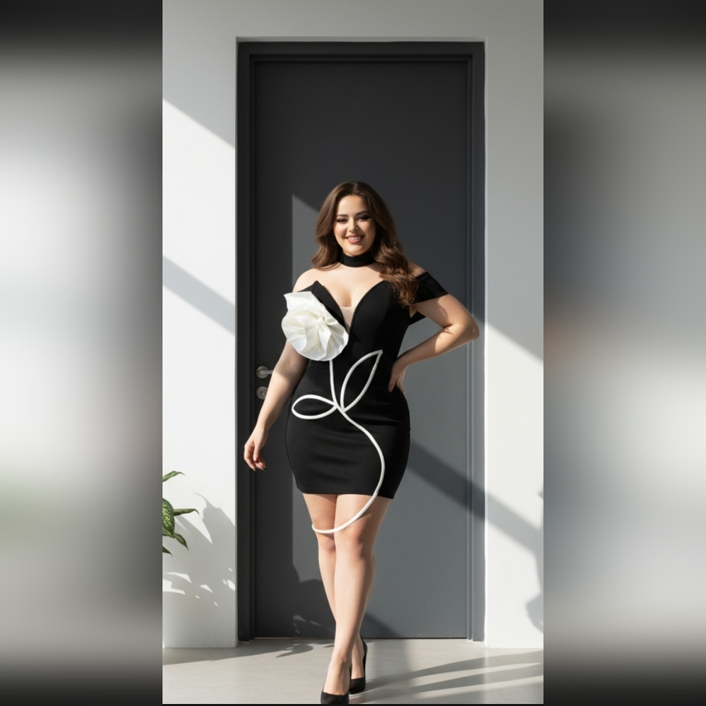 Elegant Black and White Off-Shoulder Dress Strapless Floral Mini Bandage